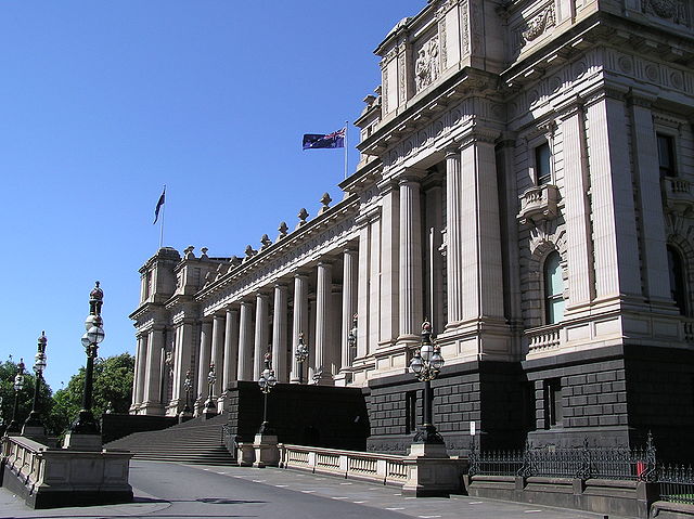 Looking at the front of the parliament house building in Melbourne