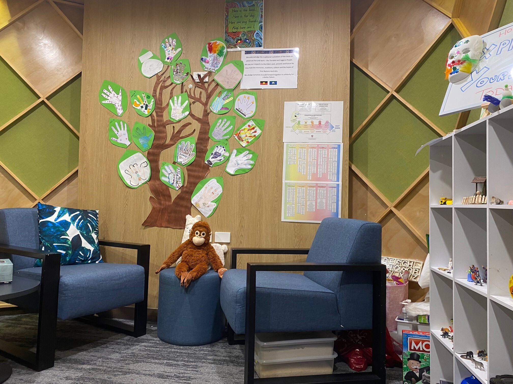 A room with chairs, a toy monkey and a painted tree on a wall.