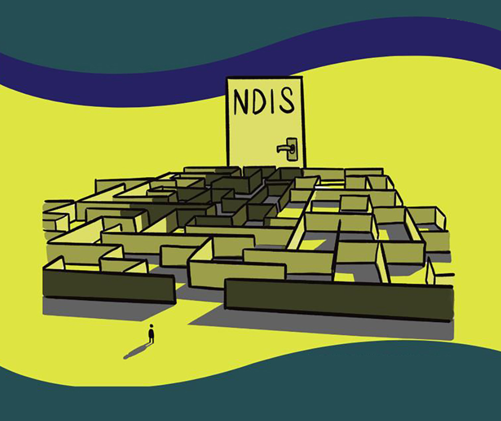 A colourful graphic depicting a person standing at the entrance of a maze with the end point being a door with the letters NDIS