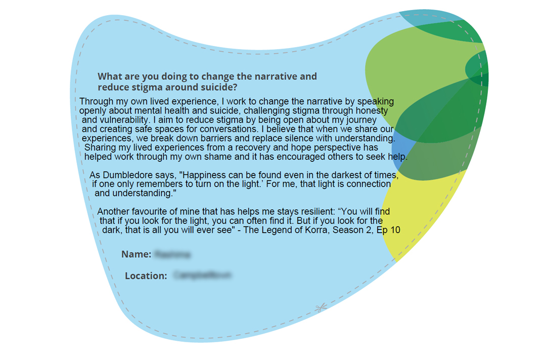 A colourful graphic with a message talking about challenging stigma and speaking openly about mental health and suicide.