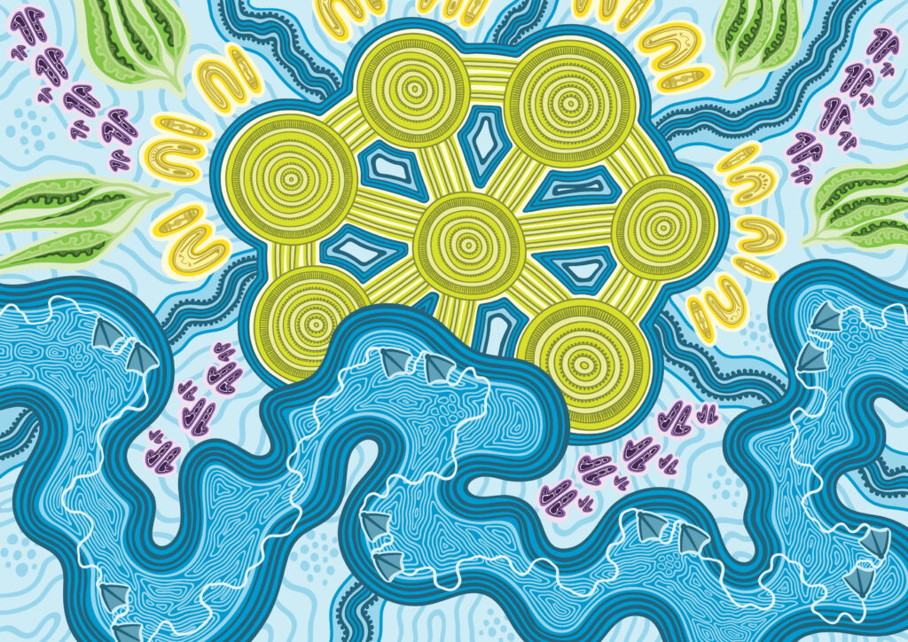 Blue and green aboriginal artwork by artist Sarah Levett