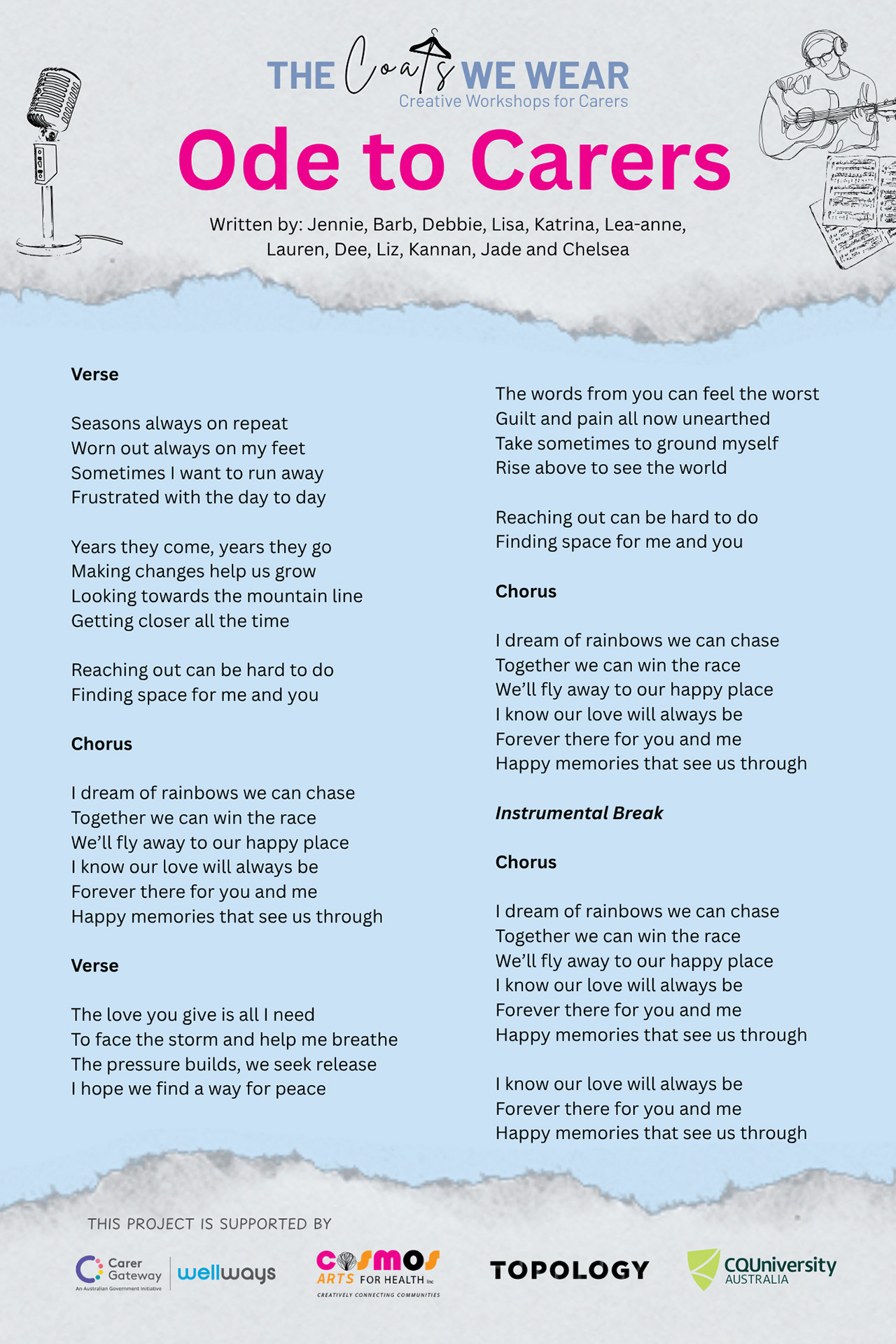 A poster with the heading 'Ode to Carers' and the lyrics to a song.