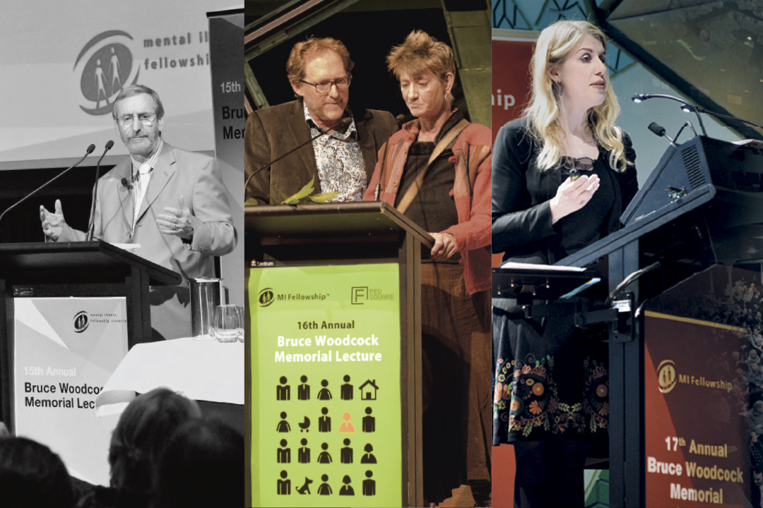 A collage of three photos split vertically. Each photo shows the keynote speakers of the 15th, 16th and 17th Annual Woodcock Lecture speaking behind the lectern with signage for each event on the front. 