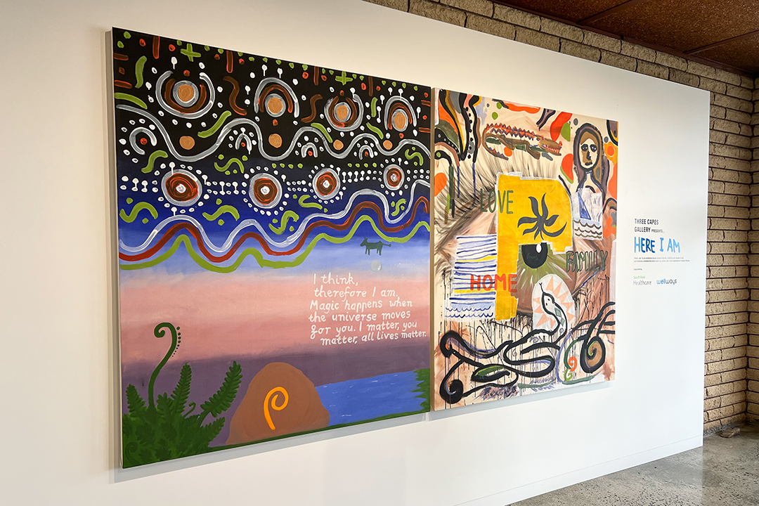 Two colourful artworks side by side on a wall. 