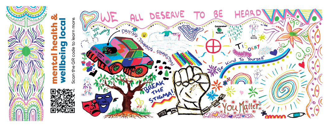 Brightly coloured artwork featuring text, shapes, rainbows, cars and patterns