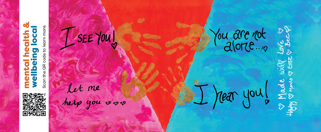 Brightly coloured artwork with three distinct coloured triangle shapes, text and hand prints