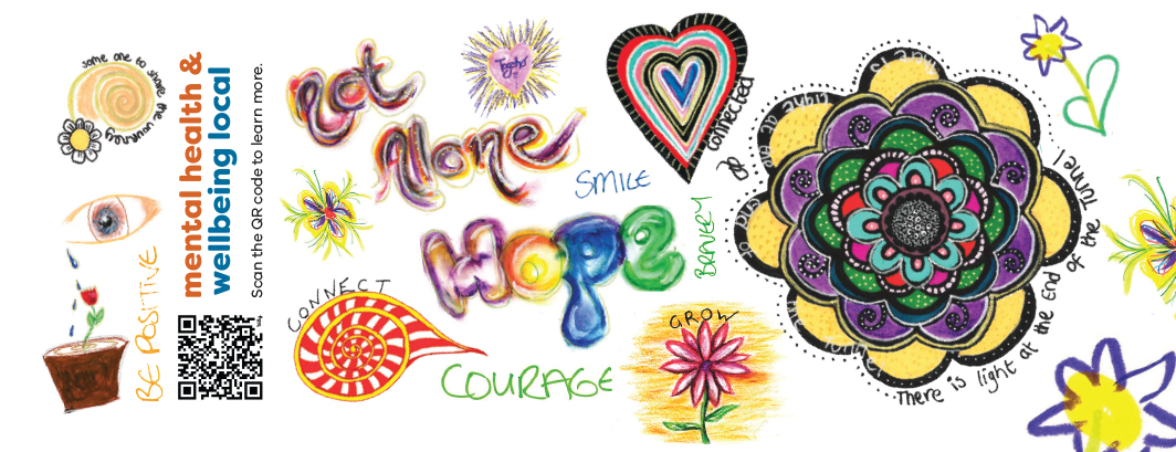 Brightly coloured artwork featuring a mandala, love hearts, flowers and text