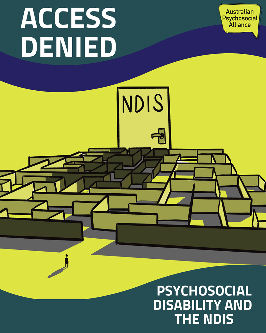 A colourful graphic depicting a person standing at the entrance of a maze with the end point being a door with the letters NDIS