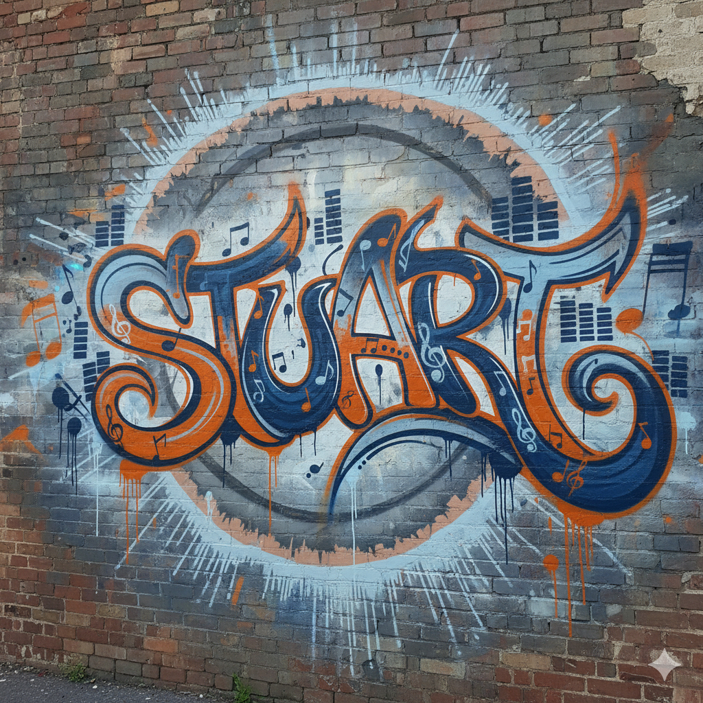 Orange and navy graffiti with the name Stuart.