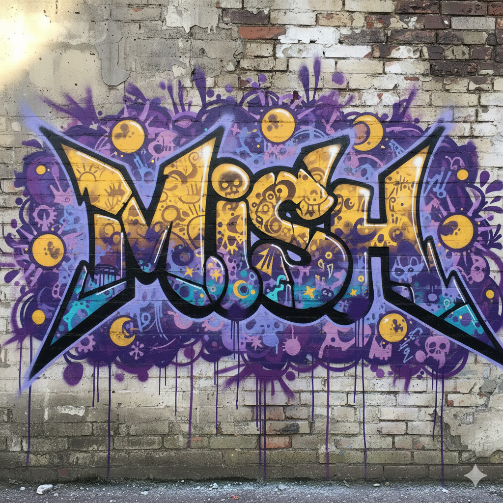 Purple and yellow graffiti on a wall saying the word "mish"