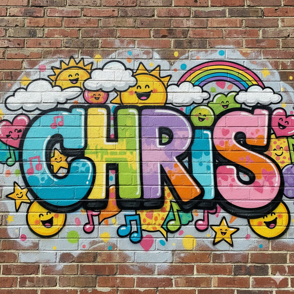 Bright coloured graffiti with the name "Chris"