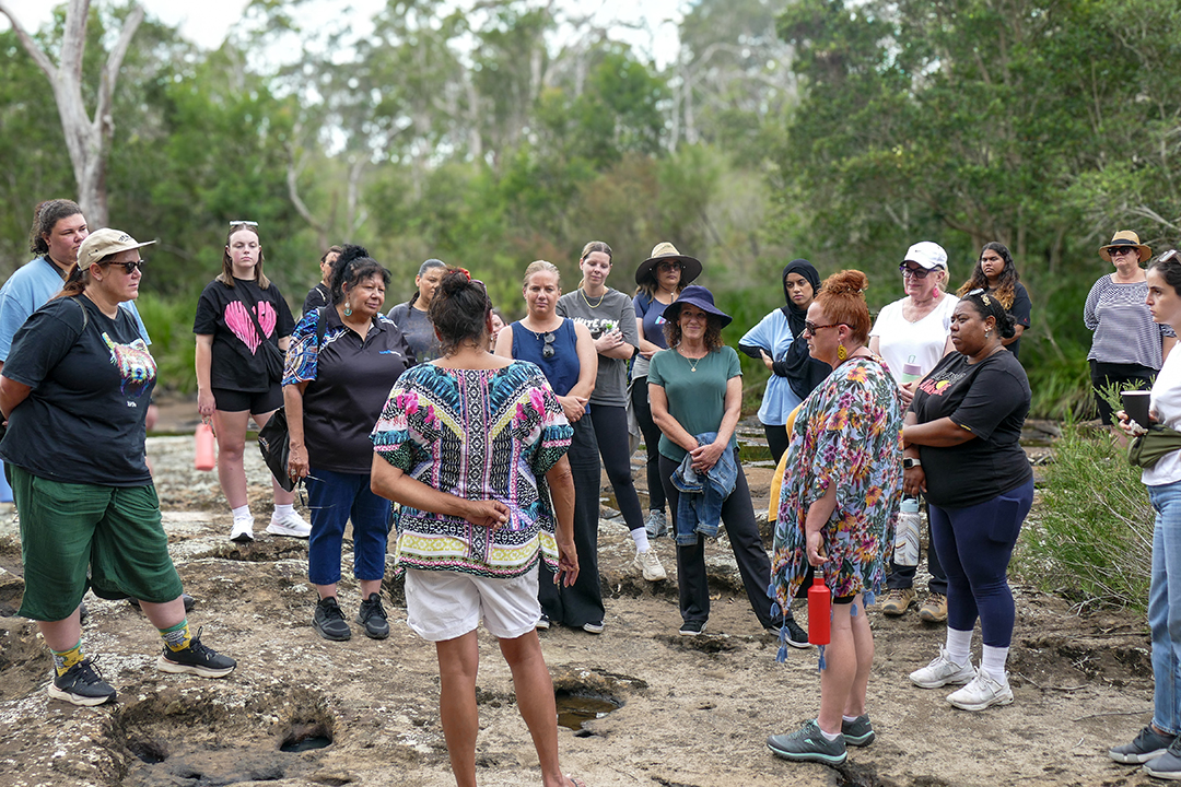 A large group of people standing on a rock formation in the australian bush