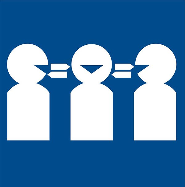 Australian National Interpreter Services Symbol – A graphic with three people side by side. The two outside people are facing inward and directional lines travel from their mouths to the ears of middle person. Symbolising two people speaking to each other via an interpreter in the middle.