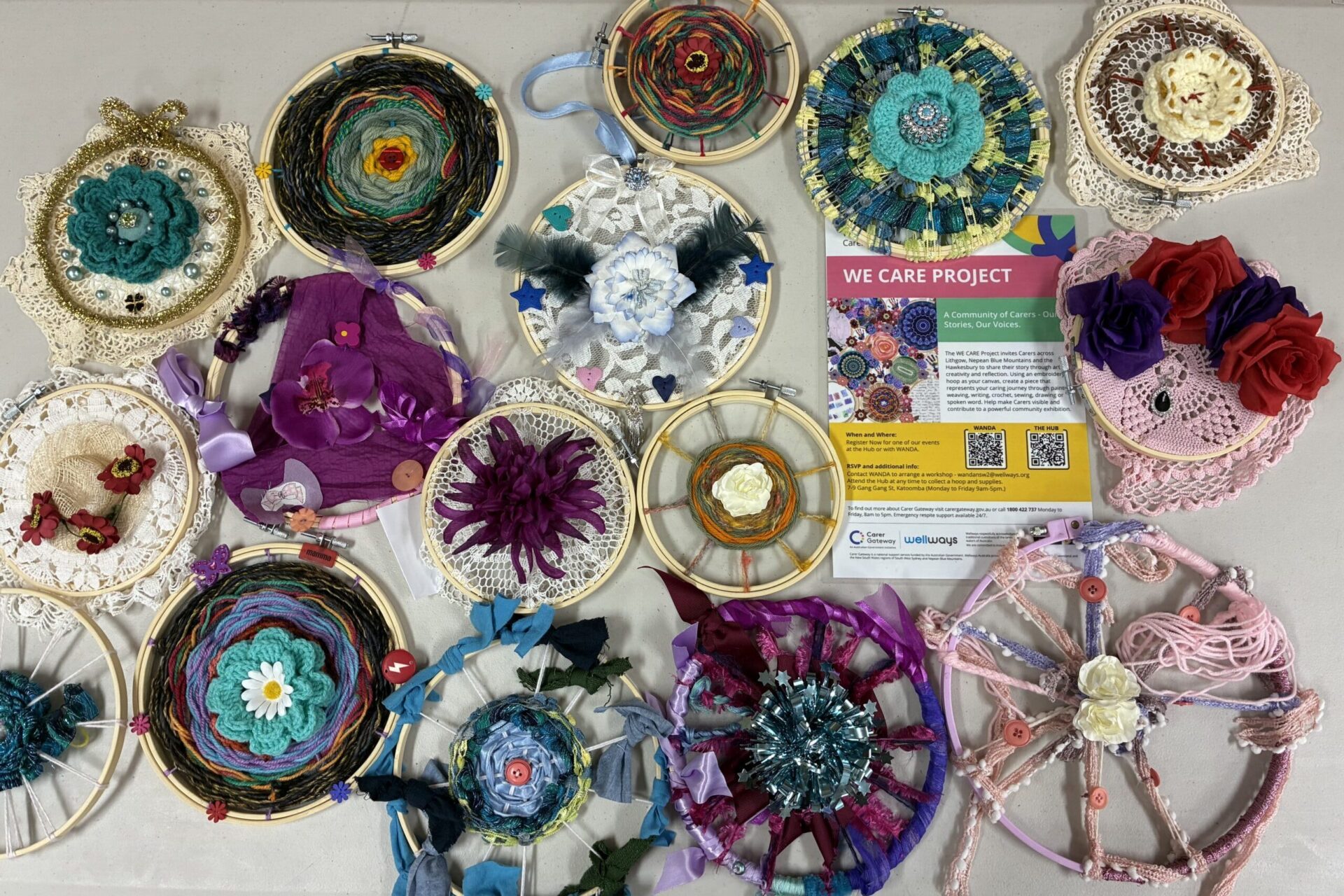 A group of crocheted embroidery hoops on a table