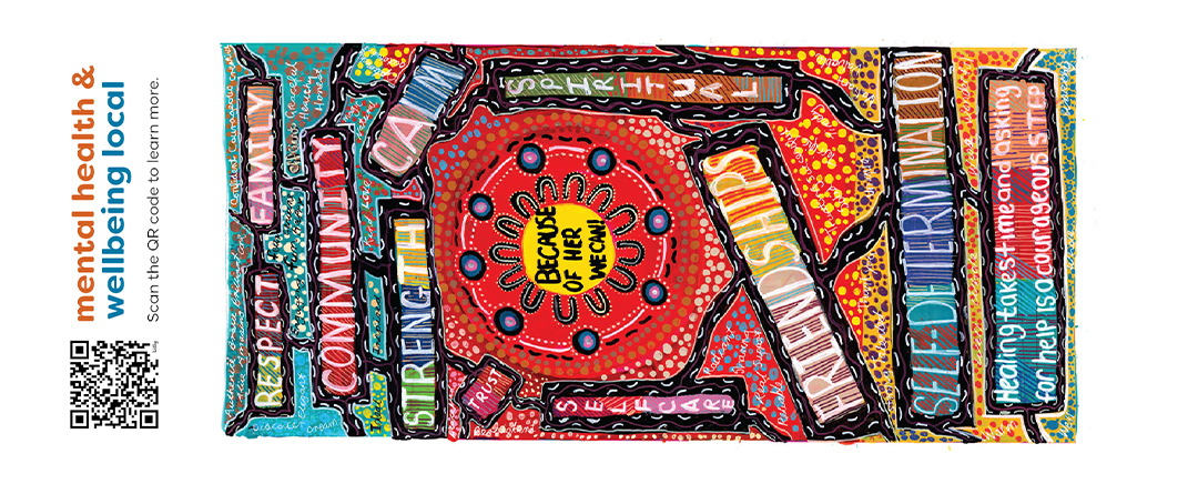 Artwork with bright colours and words describing friendship, communty, respect and family. 